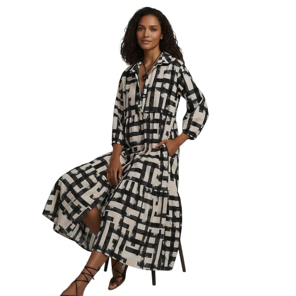 Dsewpaur/Boho/ 3/4 Puff Sleeve/Button Down Tiered/Maxi Shirt Dress/Size: Large